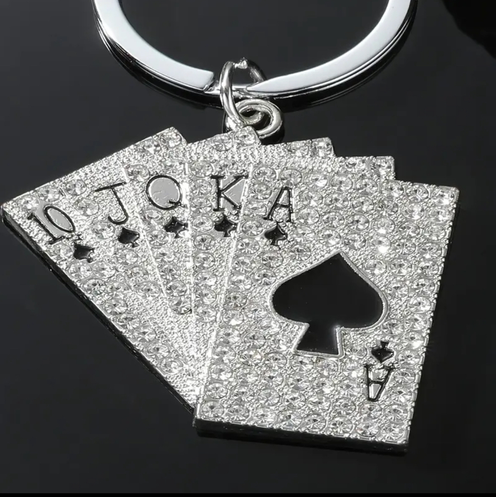 3/$25 Royal Flush Cards Poker Rhinestones Stainless Steel Keychain NEW